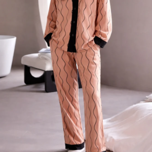 Orange with black linings printed Front button Style night suit For her