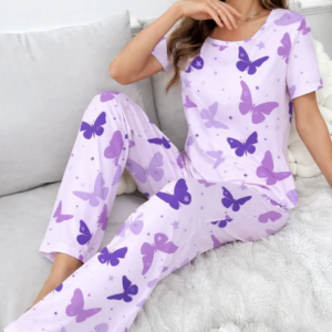 Purple All Over Butterflies Printed half sleeves night suit for her