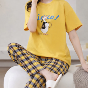 Yellow Cute Duck Printed half sleeves t shirt with check pajama night suit for