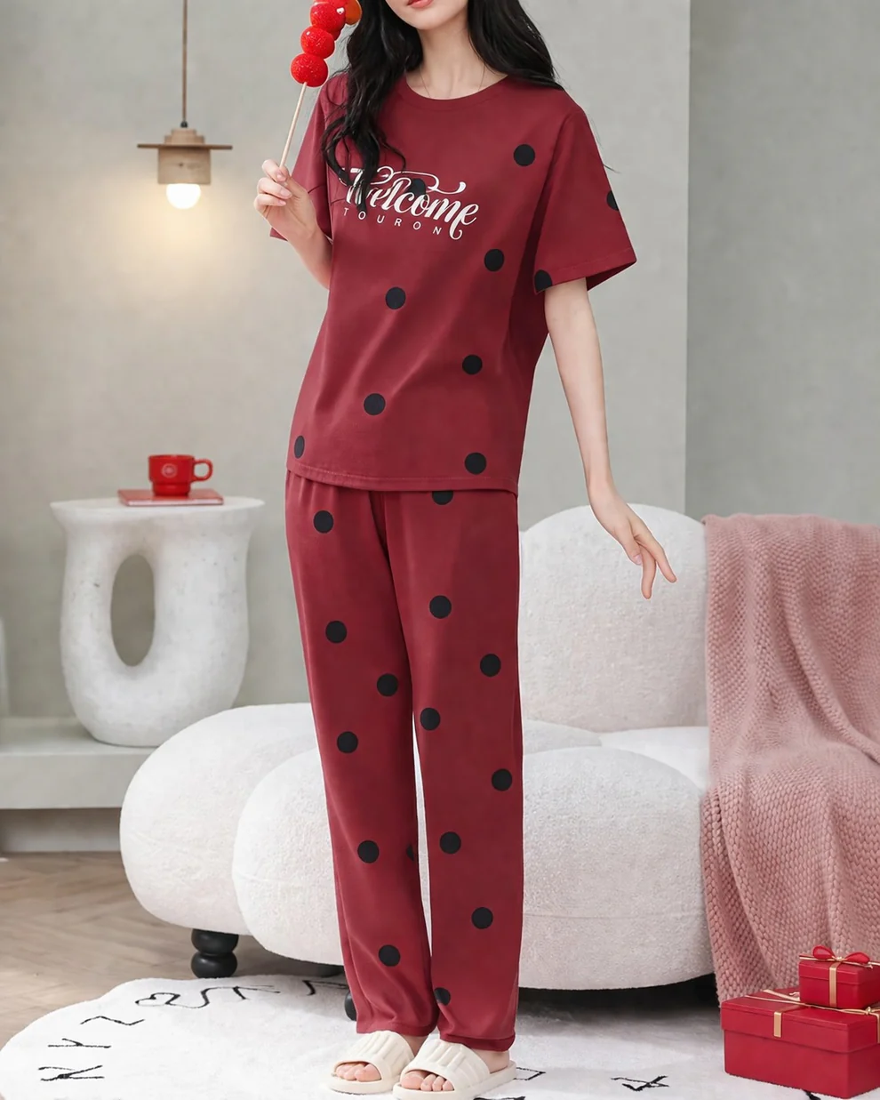 Red polka dot ladies night suit Pakistan