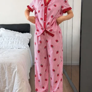 Pink Strawberry Print Button-Style Ladies Night Suit | 2-Piece Nightwear for Women