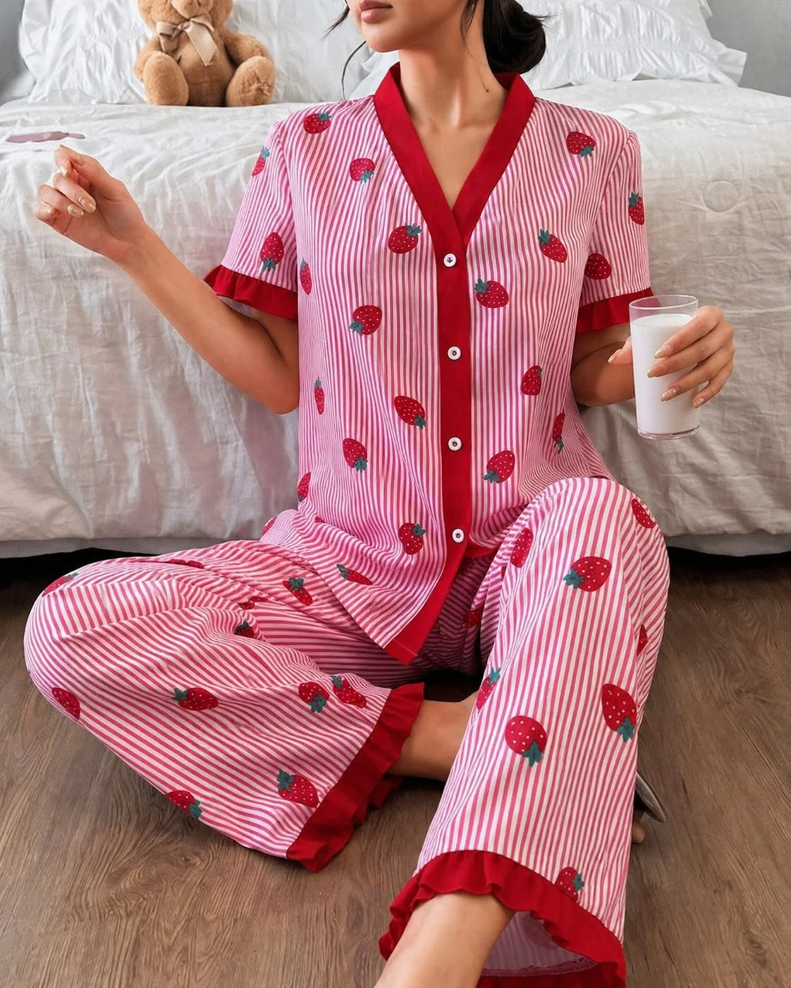 Pink strawberry print ladies night suit Pakistan