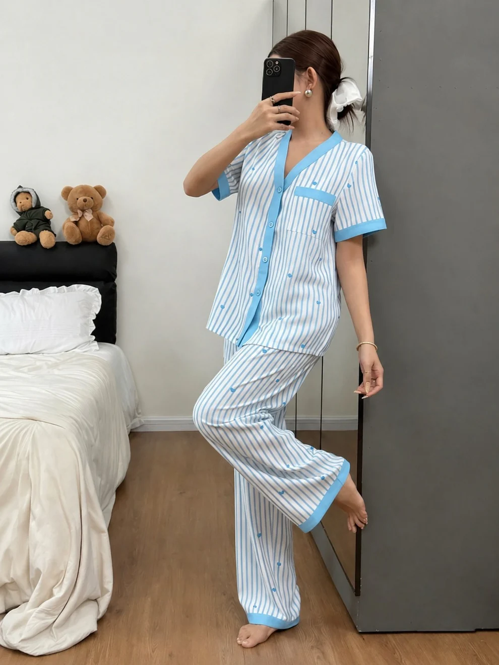 Sky blue stripe ladies night suit Pakistan
