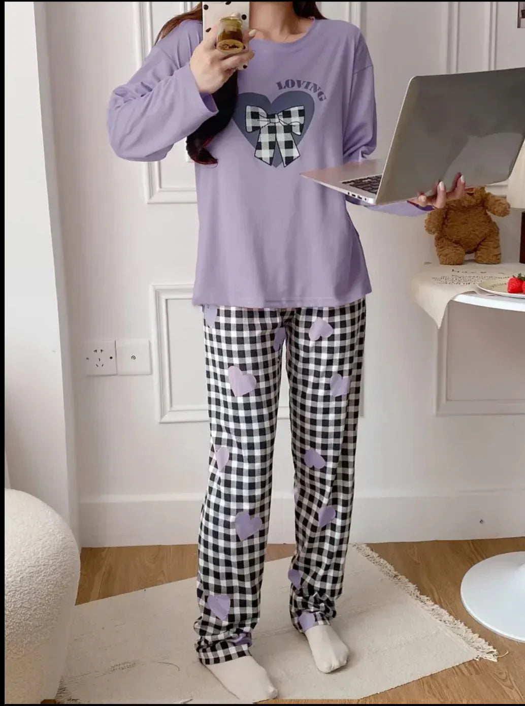 Lilac Loving with Check Ribbon Printed Full Sleeves PJ The Ultimate Dream Wear Sleep Suit (RX-331) - Image 3