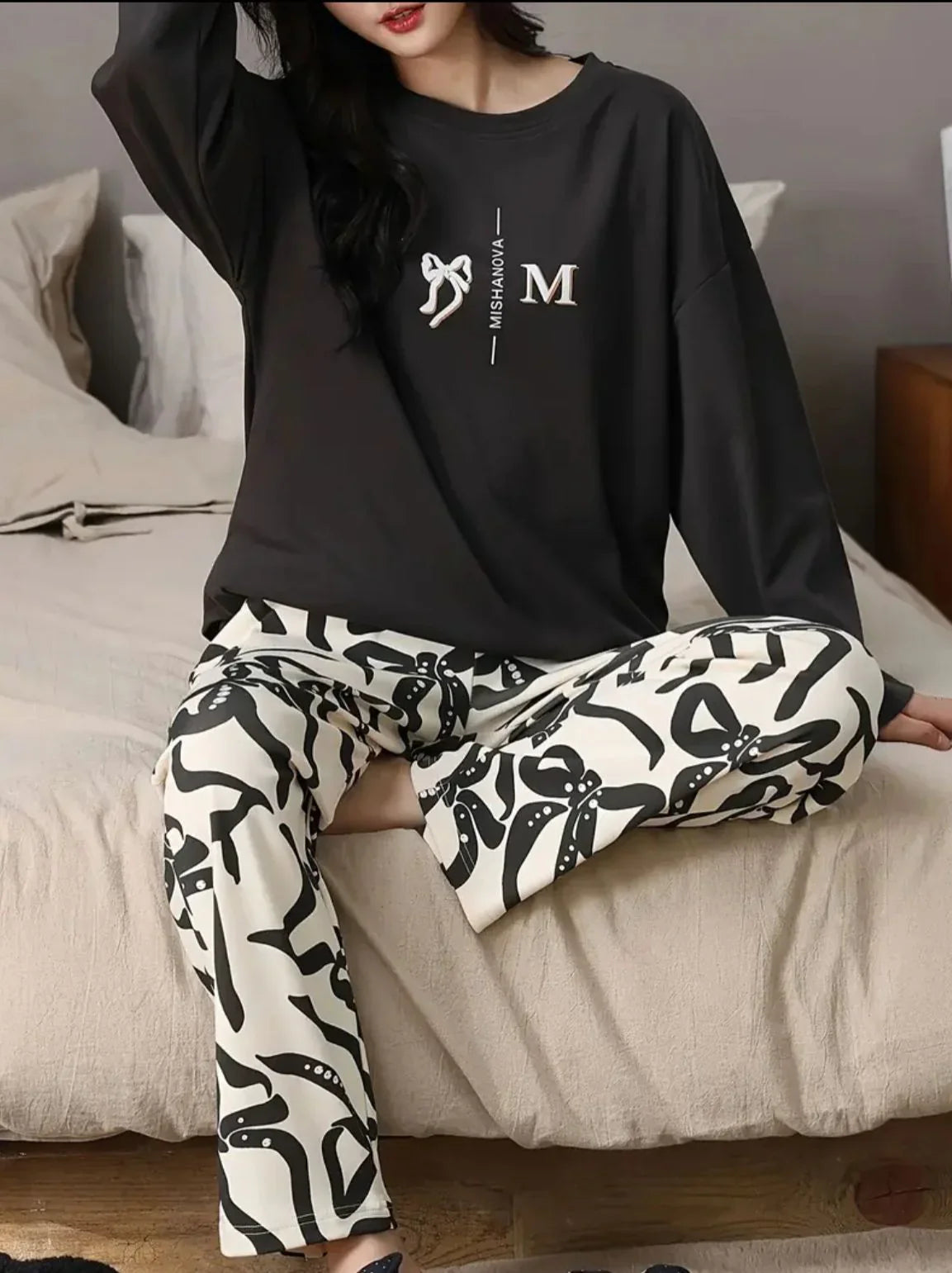 Black Ribbon Printed Full Sleeves Shirt with Off White Printed PJ The Ultimate Dream Wear Sleep Suit (RX-330) - Image 3