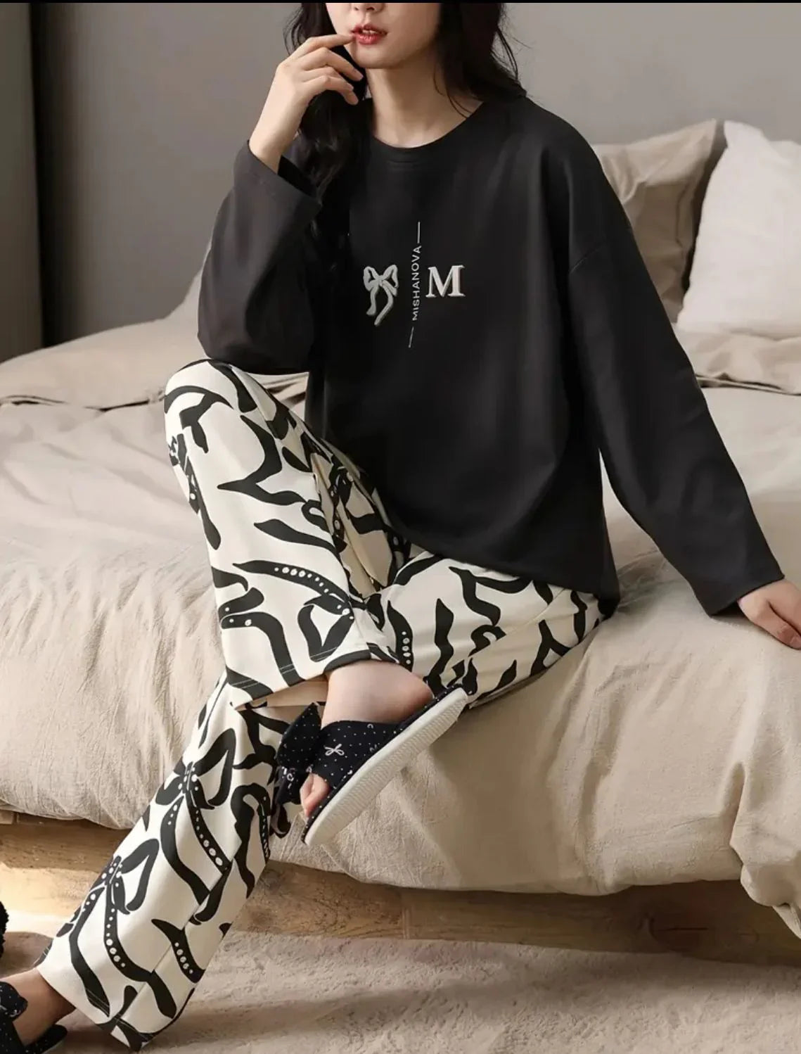 Black Ribbon Printed Full Sleeves Shirt with Off White Printed PJ The Ultimate Dream Wear Sleep Suit (RX-330) - Image 2