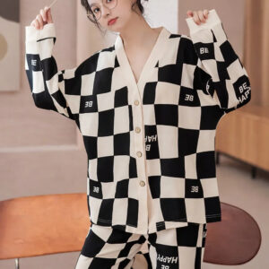Off White with Black Check V-Neck Button Printed Pj Set For Her (RX-449)