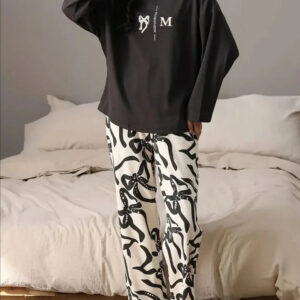 Black Ribbon Printed Full Sleeves Shirt with Off White Printed PJ The Ultimate Dream Wear Sleep Suit (RX-330)