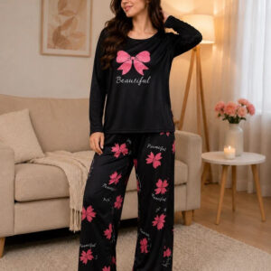 Black Pink Ribbon Bow & Bloom Full Sleeves PJ Set The Ultimate Dream Wear Sleep Suit (RX-529)