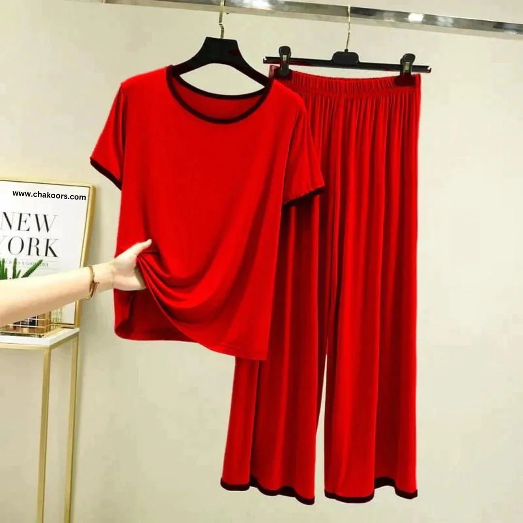 Red With Black Pipin Neck And Sleeves Half Sleeves Suit (RX-160)