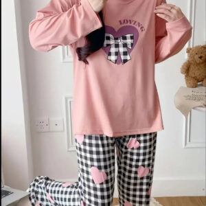 Baby Pink Loving with Check Ribbon Printed Full Sleeves PJ The Ultimate Dream Wear Sleep Suit(RX-332)