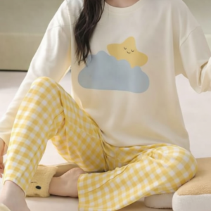 White With Clound And Star Print Full Sleeves Night Suit (RX-380)