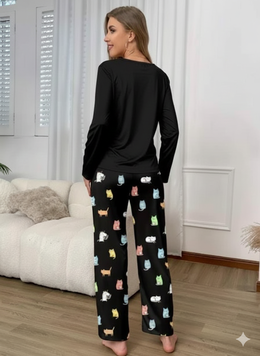 Black Cats Print Full Sleeves Night Suit (RX-381) - Image 2