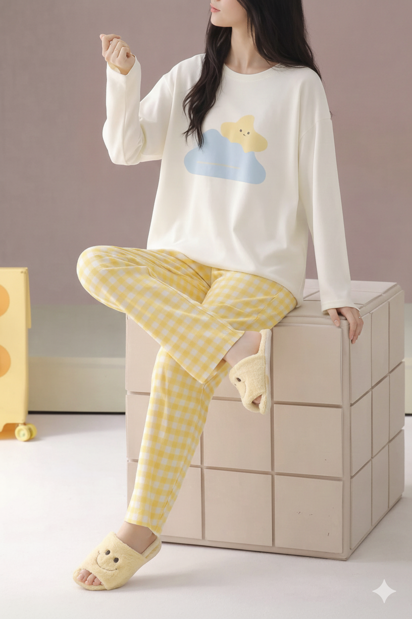 White With Clound And Star Print Full Sleeves Night Suit (RX-380) - Image 2