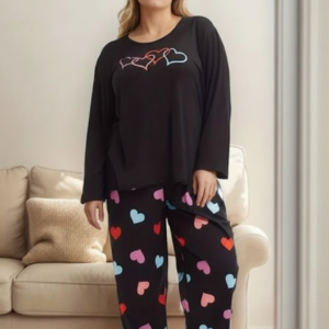 Black Multi Hearts Print Full Sleeves Night Suit (RX-379)