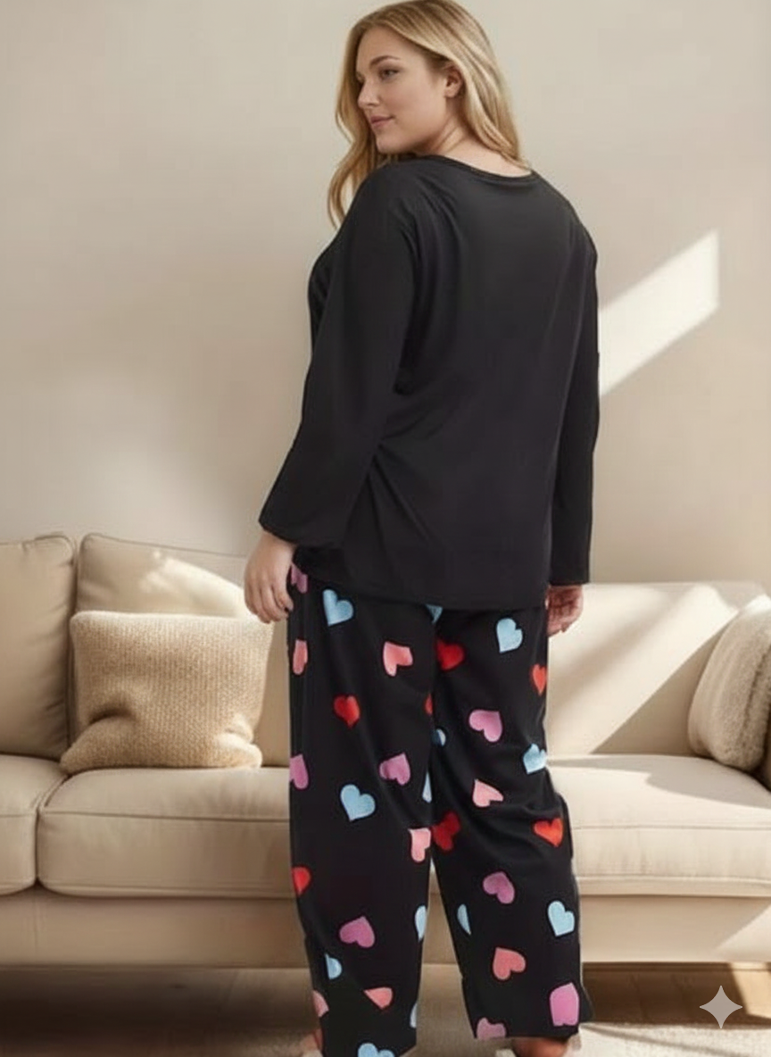 Black Multi Hearts Print Full Sleeves Night Suit (RX-379) - Image 2