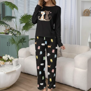 Black Cats Print Full Sleeves Night Suit (RX-381)
