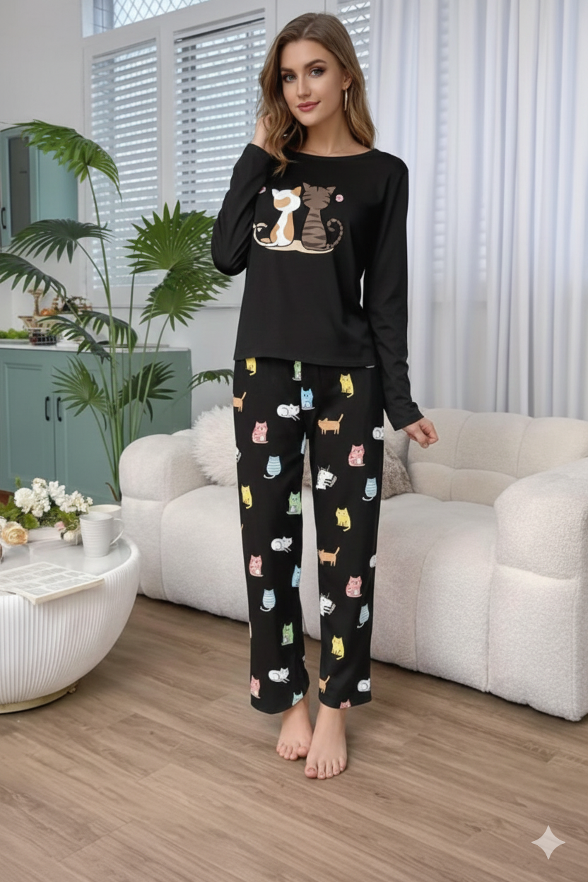 Black Cats Print Full Sleeves Night Suit (RX-381) - Image 3