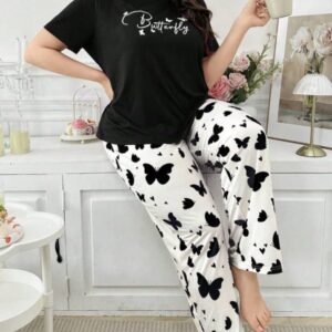 Black Butterfly Printed T-Shirt with Butterfly printed trouser Night wear (RX-298)