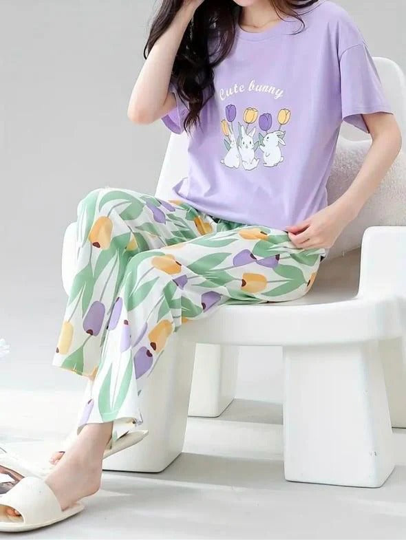Lilac bunny Printed Half Sleeves Night Suit (RX-304) - Image 2