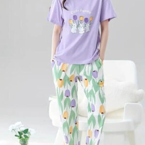 Lilac bunny Printed Half Sleeves Night Suit (RX-304)