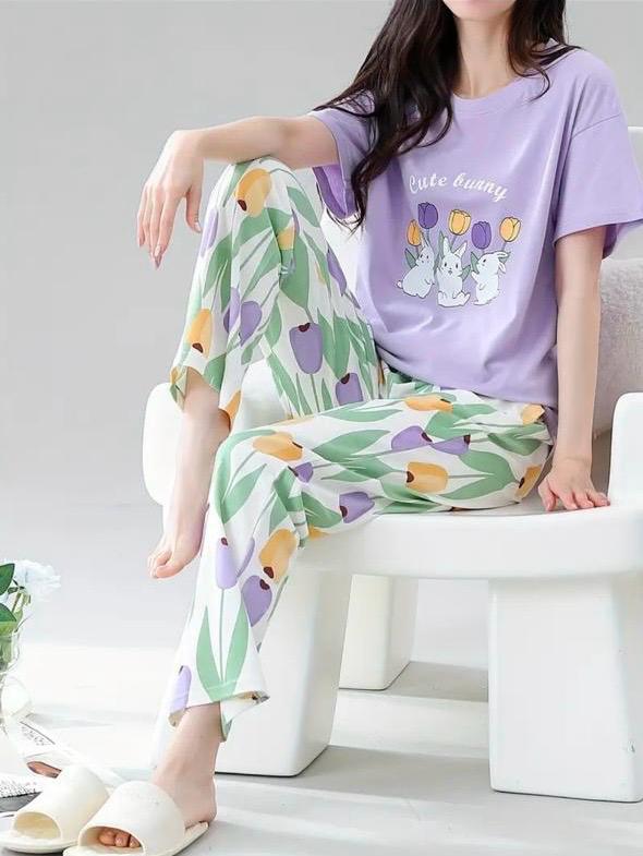 Lilac bunny Printed Half Sleeves Night Suit (RX-304) - Image 6