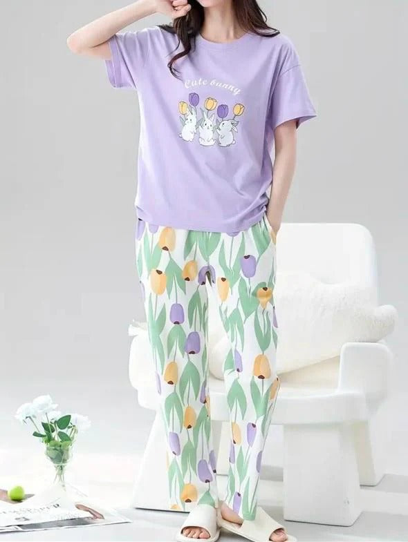 Lilac bunny Printed Half Sleeves Night Suit (RX-304) - Image 5