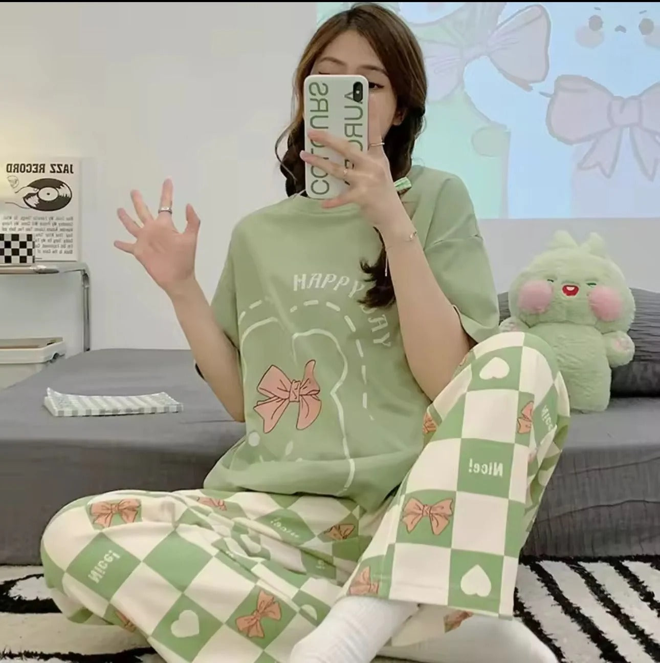 Olive Green Happy Day Printed Half Sleeves Night Suit (RX-303) - Image 3