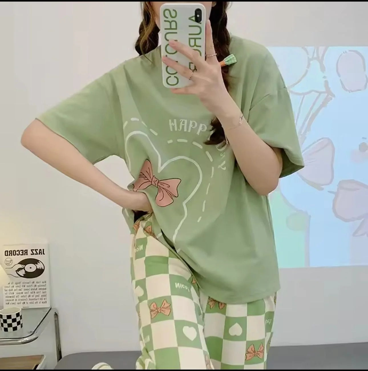 Olive Green Happy Day Printed Half Sleeves Night Suit (RX-303) - Image 5