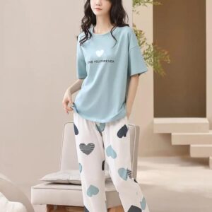 Sky blue Love you forever hearts Print Half Sleeves Printed Night Suit (RX-319)