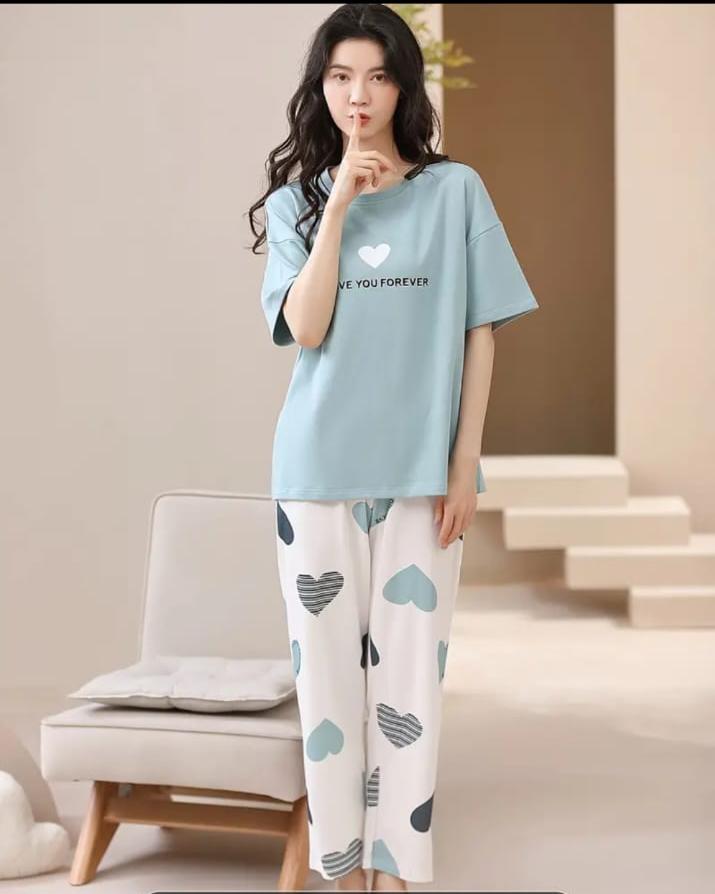 Sky blue Love you forever hearts Print Half Sleeves Printed Night Suit (RX-319) - Image 6