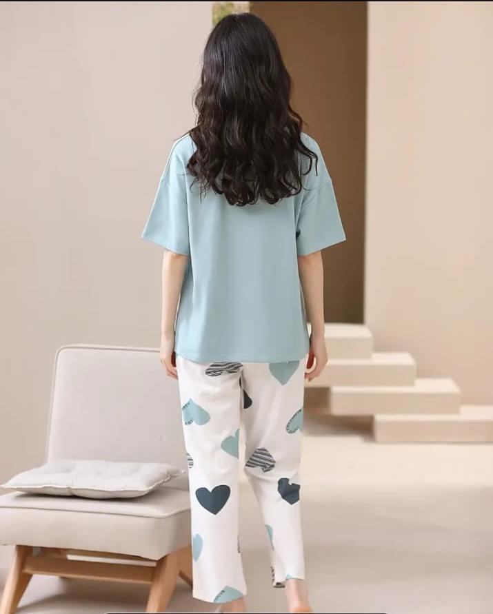 Sky blue Love you forever hearts Print Half Sleeves Printed Night Suit (RX-319) - Image 5