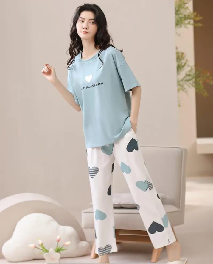 Sky blue Love you forever hearts Print Half Sleeves Printed Night Suit (RX-319) - Image 2