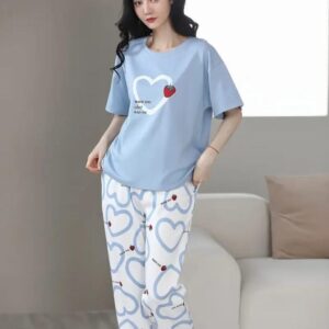 Sky blue Strawberry heart Print Half Sleeves Printed Night Suit (RX-316)