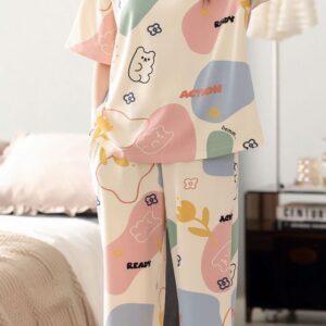 Off white Multicolor Cute Bears Half Sleeves with Printed pajama Night Suit (RX-305)