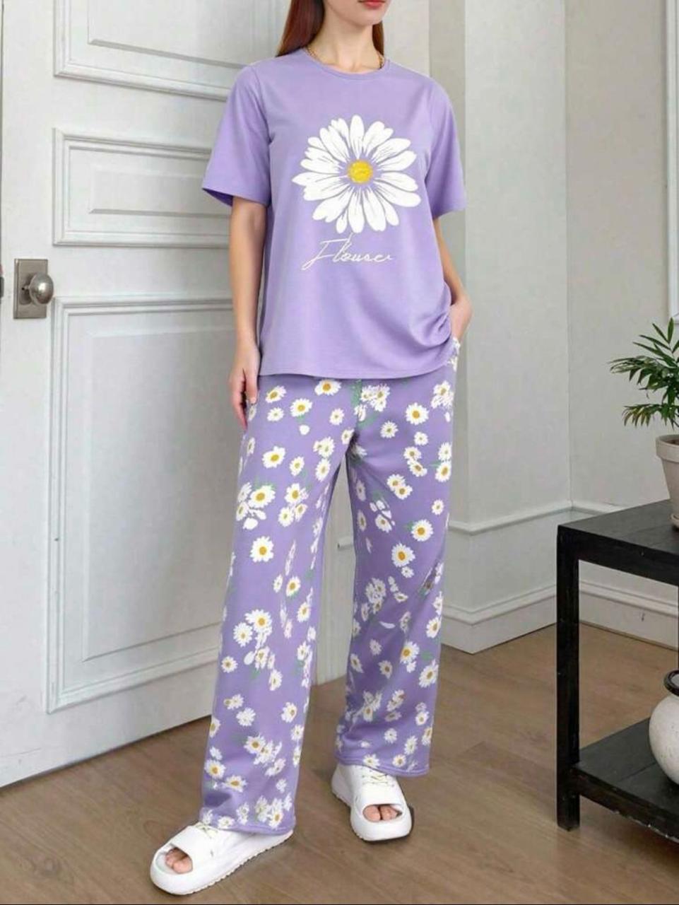 Lilac Sun Flowers Printed Half Sleeves Night Suit (RX-323) - Image 6