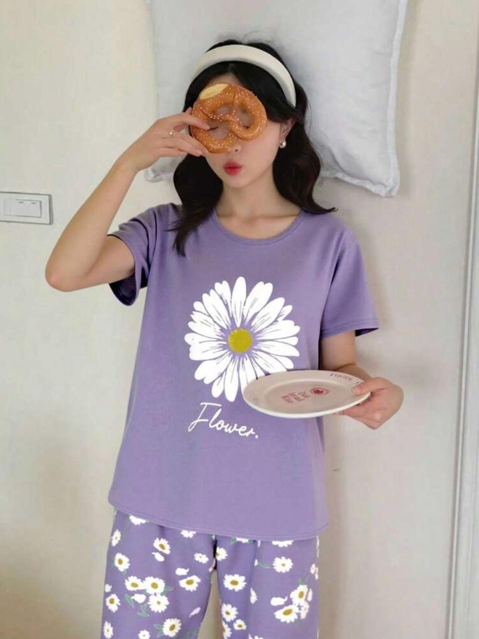 Lilac Sun Flowers Printed Half Sleeves Night Suit (RX-323) - Image 3