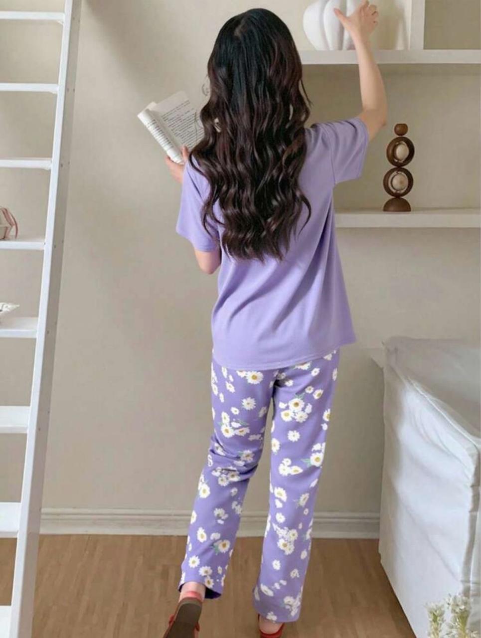 Lilac Sun Flowers Printed Half Sleeves Night Suit (RX-323) - Image 2