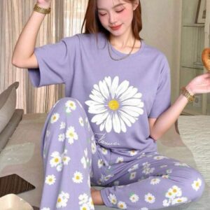 Lilac Sun Flowers Printed Half Sleeves Night Suit (RX-323)