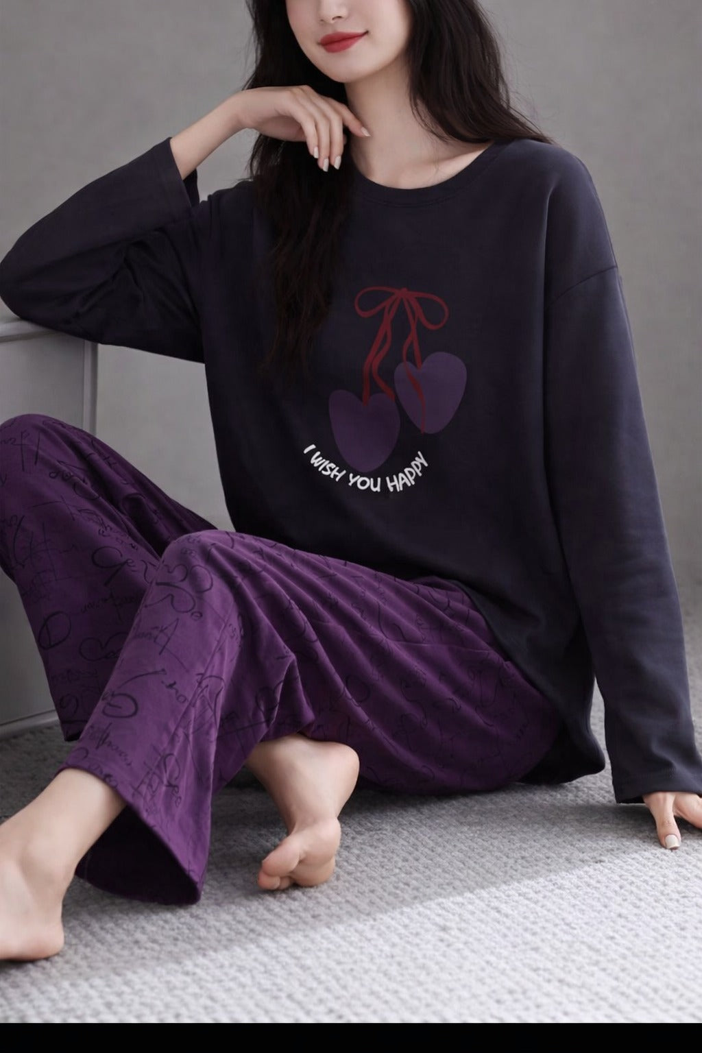 Black I Wish You Happy Printed With Purple Printed Pajama Full Sleeves Night Suit (RX-391) - Image 2