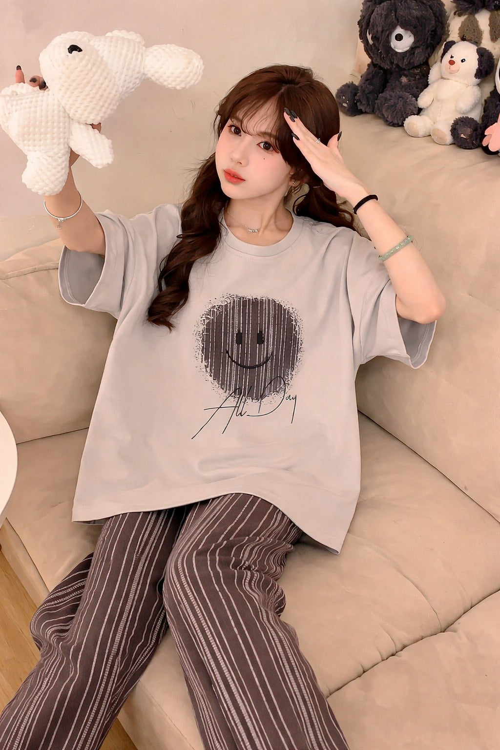 Grey Smiley printed Half sleeves T Shirt with brown lining trousers night suit (RX-402) - Image 2