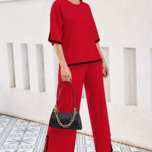 Red plain round neck with quarter cut sleeves black pipen night suit (RX-408)