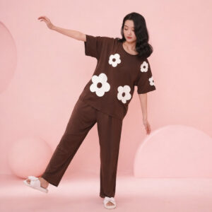 (NEW ) Brown All over BIG White flower night suit For her (RX-412)