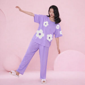 (NEW ) Lilac All over BIG White flower night suit For her (RX-411)