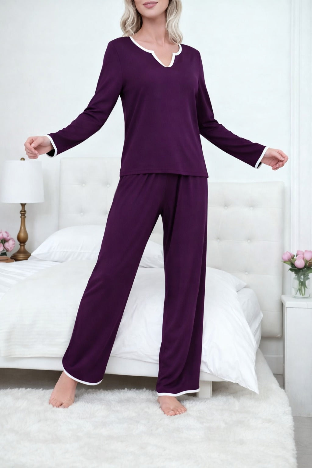 Dark purple With White pipen V neck night suit For Her (RX-420) - Image 6