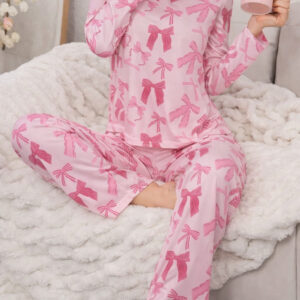 Pink All over Bow Full Sleeves Printed Night suit For her (RX-418)