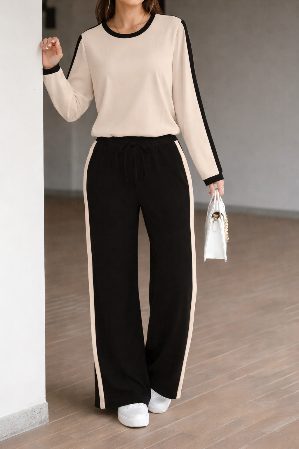 Off white with black pipen full sleeves panel T shirt with black panel trousers For her (RX-423) - Image 5