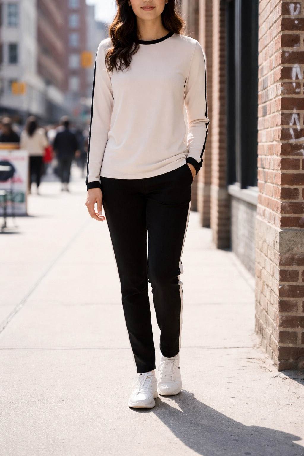 Off white with black pipen full sleeves panel T shirt with black panel trousers For her (RX-423) - Image 3