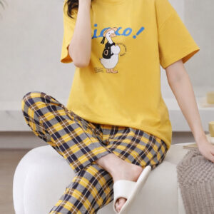 Yellow Cute Duck Printed half sleeves t shirt with check pajama night suit for her (RX-426)