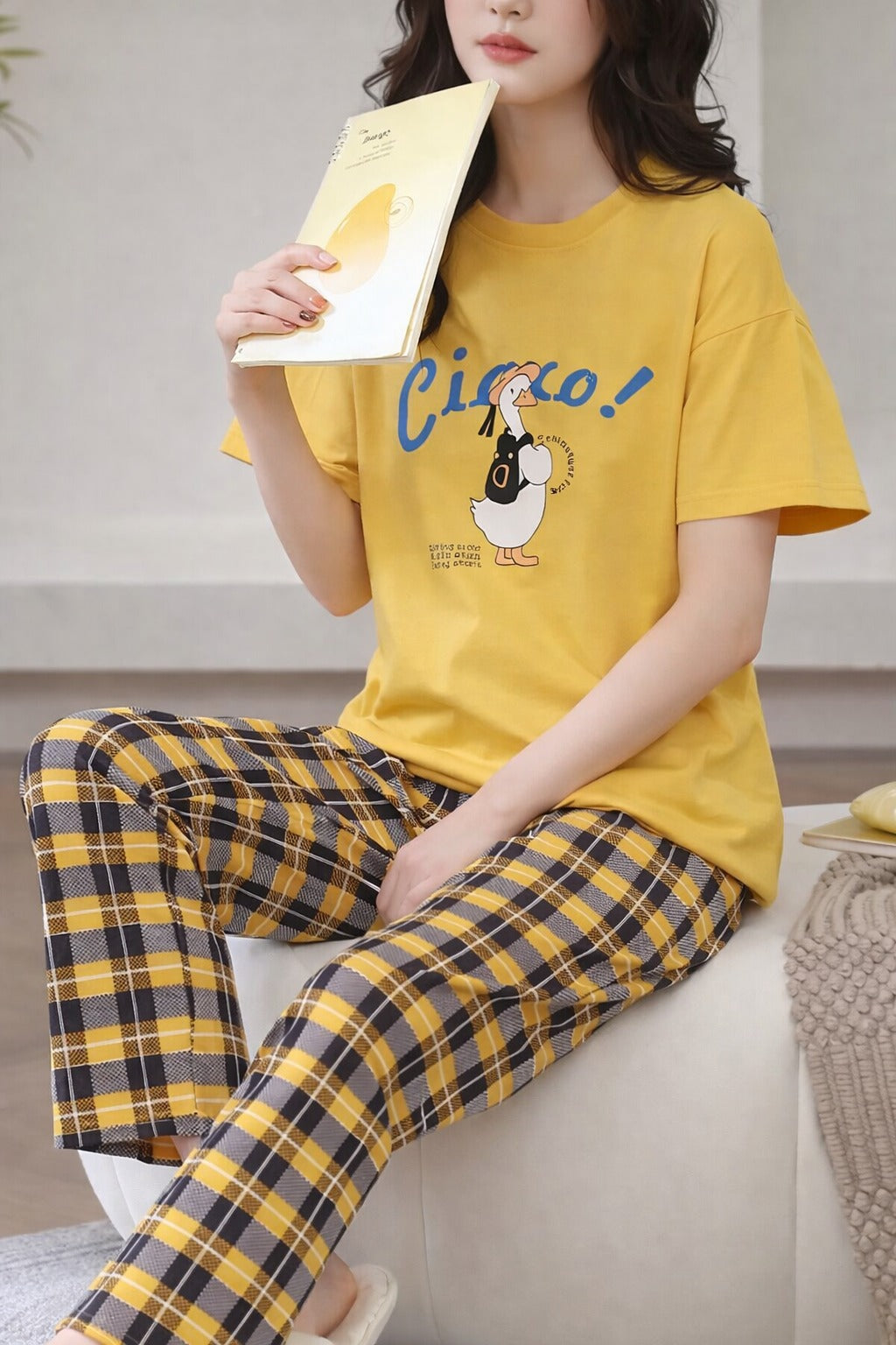 Yellow Cute Duck Printed half sleeves t shirt with check pajama night suit for her (RX-426) - Image 5
